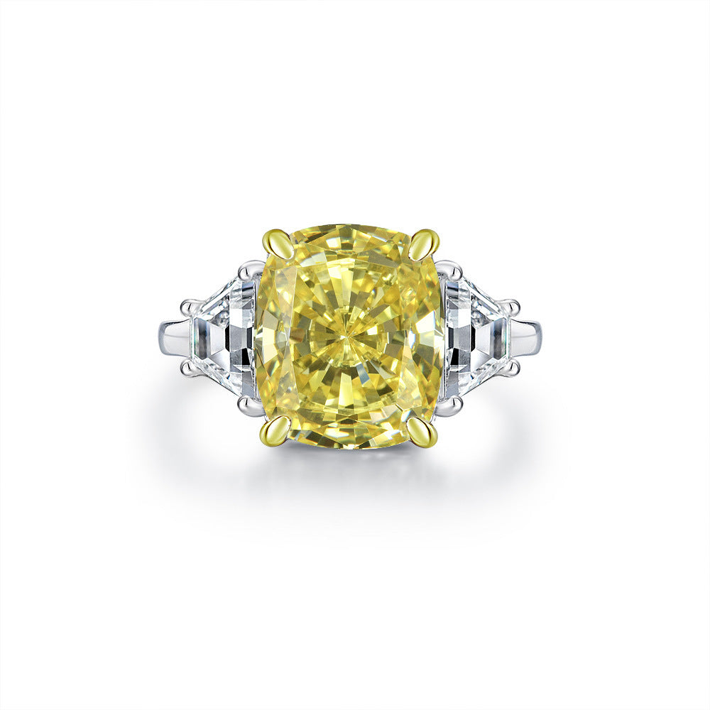 Yellow Cushion Three-Stone Ring – Sterling Silver, 6 Carat