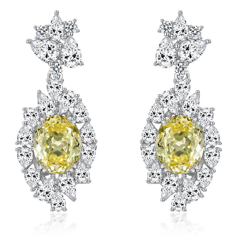 Yellow Oval Cluster Drop Earrings – Sterling Silver, 3.5 Carat